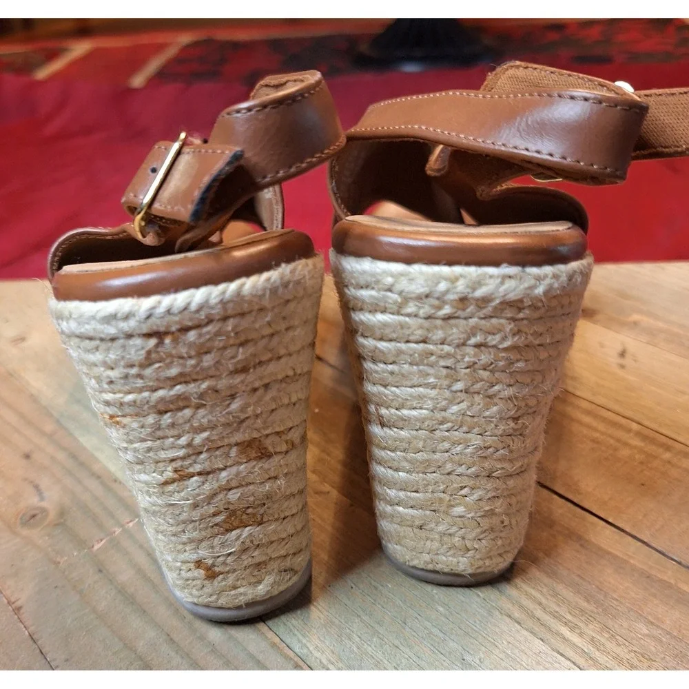 American Eagle Tan Faux‎ Leather Espadrille Wedge Sandals Women Size 8 159833